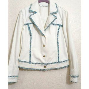 Dana Buchman 6 White Blue Tweed Fringe Original Cotton Twill Blazer Jean Jacket